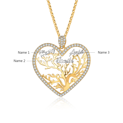 Personalized Family Tree Necklace, Custom 3 Names Heart Necklace Woman Gift