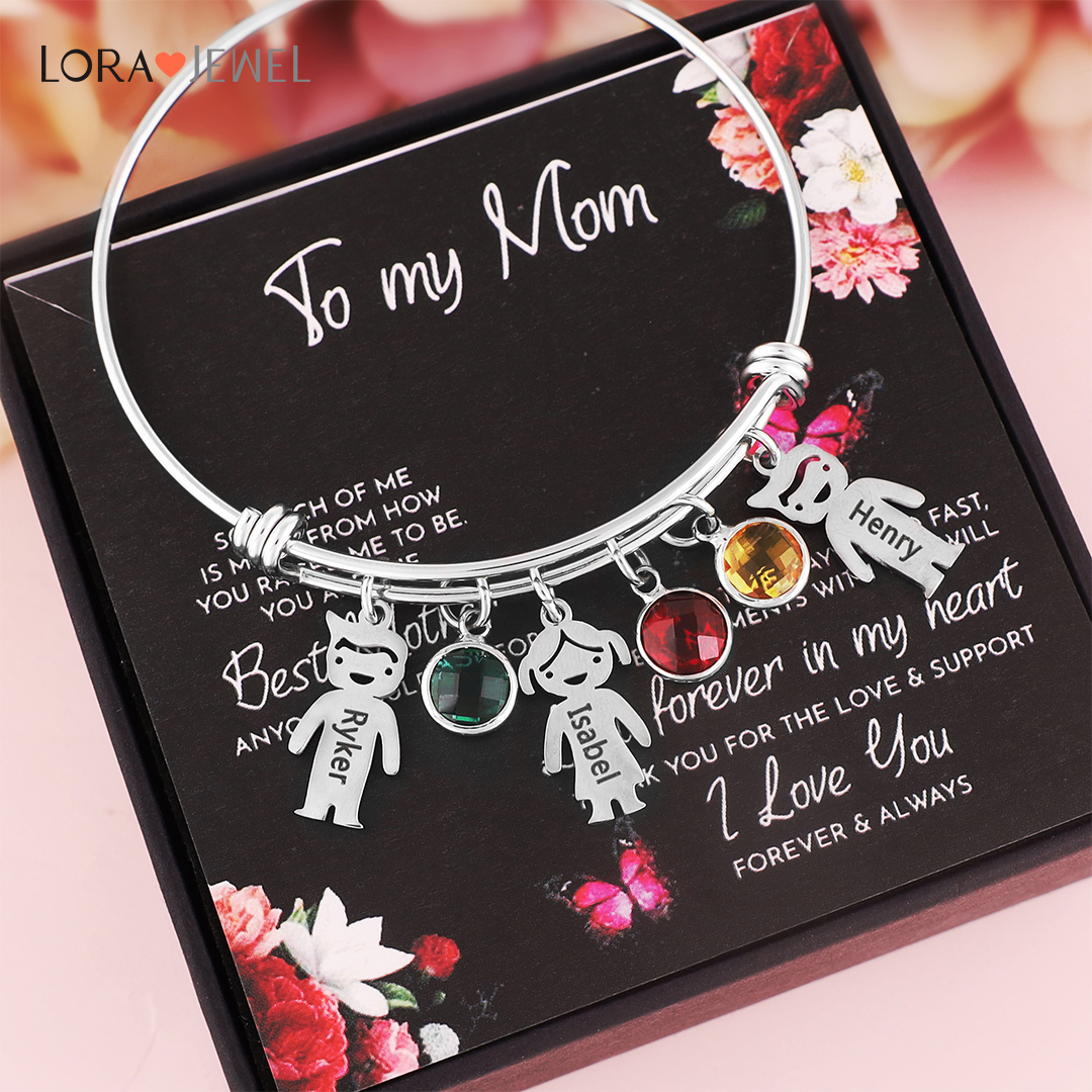 Bangle Bracelet with Kids Charms 2 Birthstone Engraved 2 Names Rose Box Set