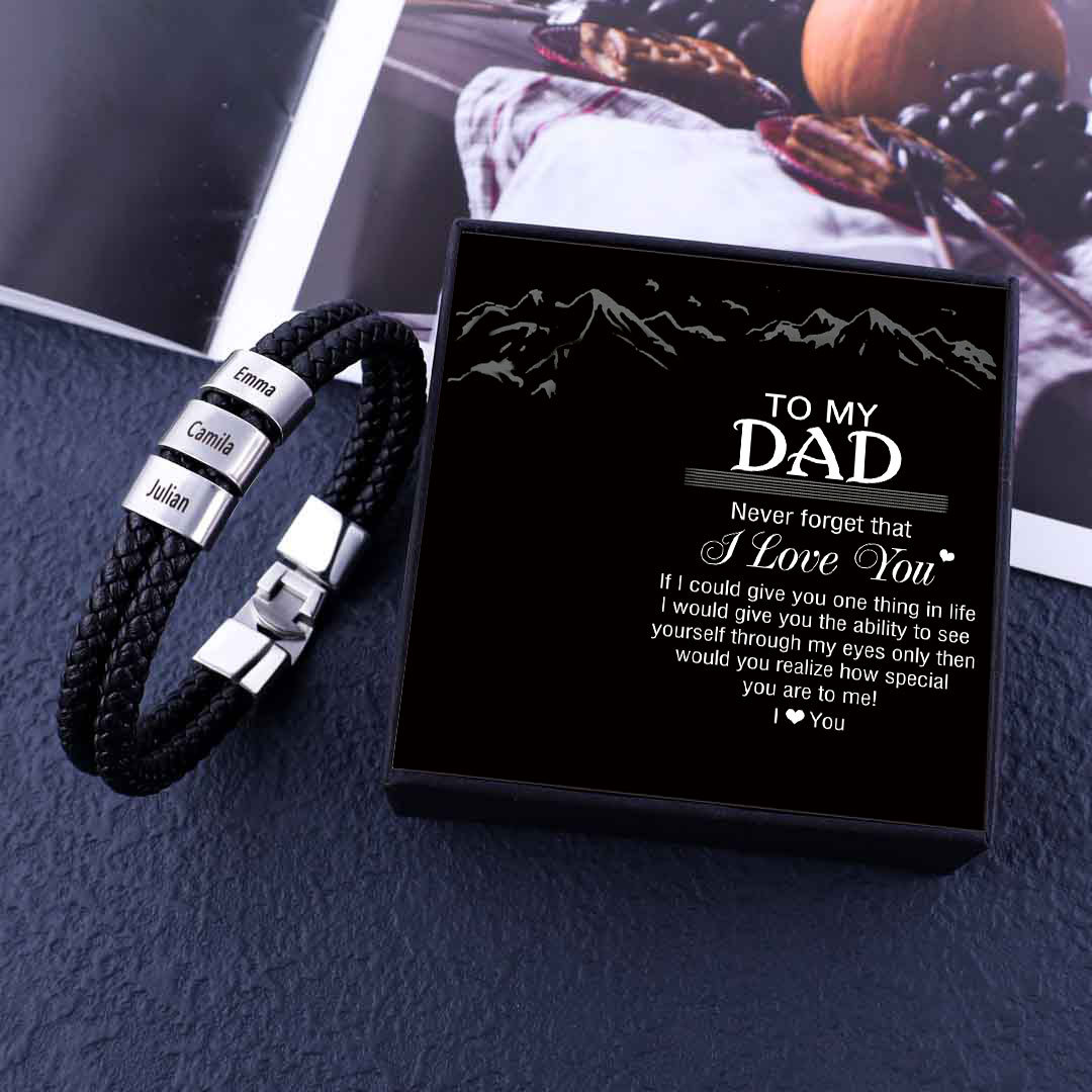 Men Leather Bracelet with Engraved 3 Beads Two Layers Custom Bracelet Black Father Gifts