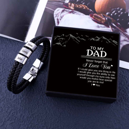 Men Leather Bracelet with Engraved 3 Beads Two Layers Custom Bracelet Black Father Gifts