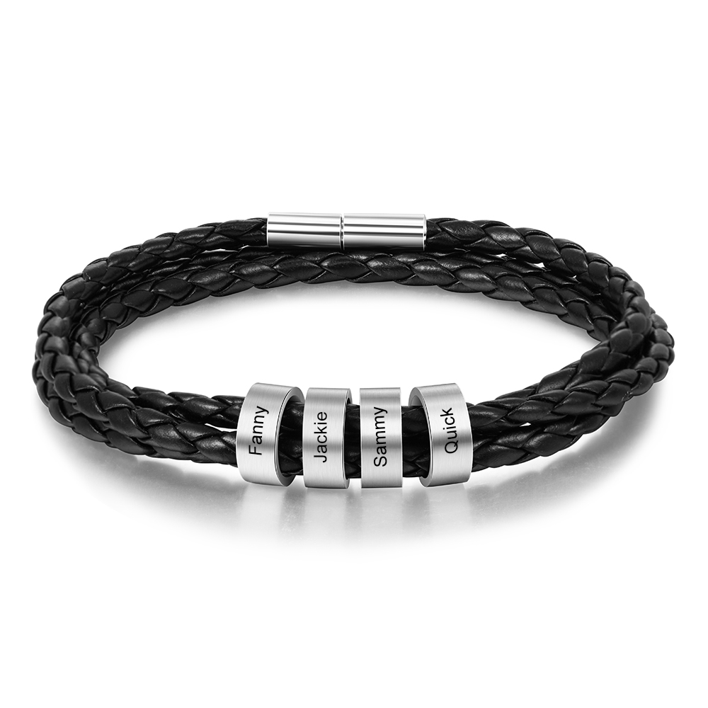Personalised Braided Leather Bracelet with 2–5 Engraved Name Beads For Him Best Gift For Dad