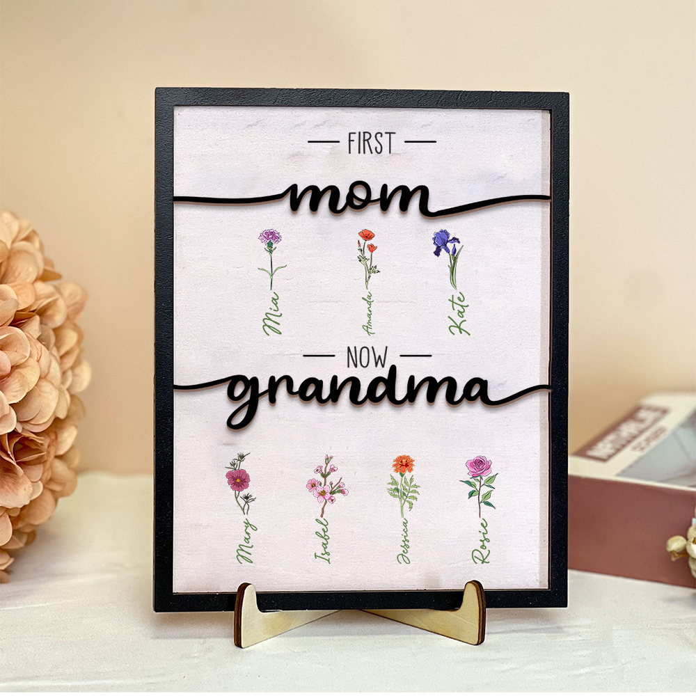 Personalized Birth Flowers Wooden Plaque Custom 2–10 Names Desktop Decor With Stand Gifts for Grandma/Mother