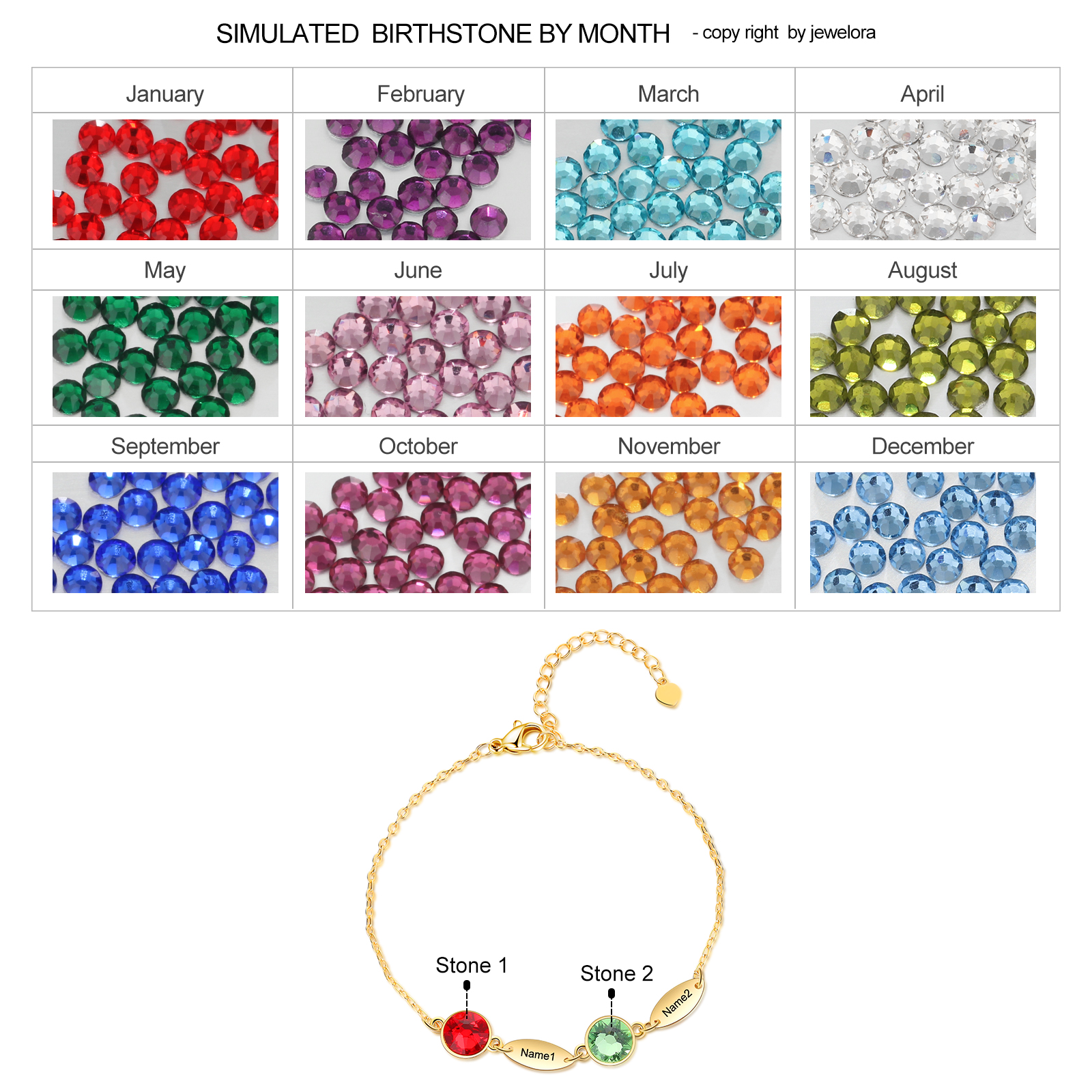 Custom Birthstone Bracelet Engraved 2 Names Family Bracelet for Her