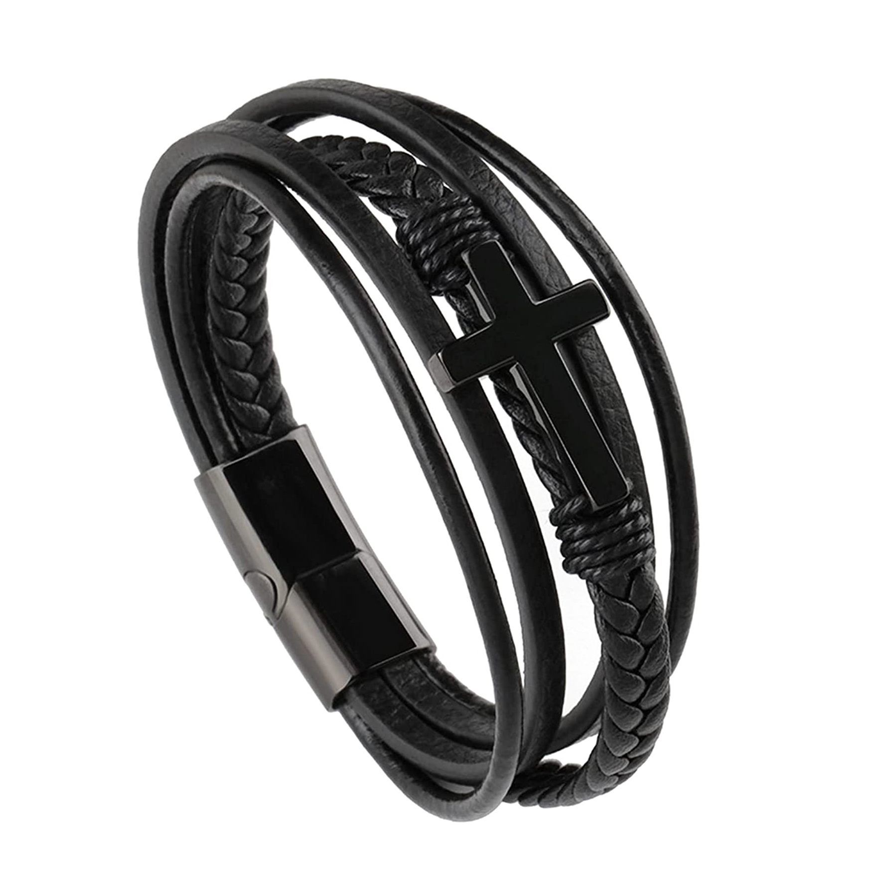 Mens Braided Leather Cross Bracelets with Magnetic Clasp Memorial Gifts for Him