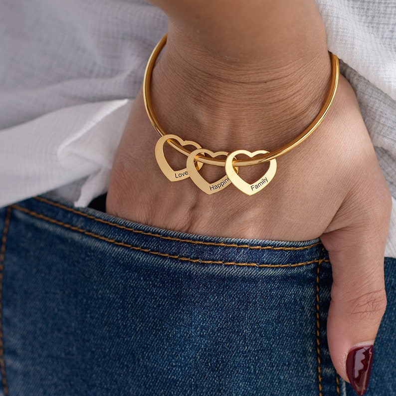 Personalized 5 Names Bracelet Heart Charms Bracelet Love Bangle Gifts for Her