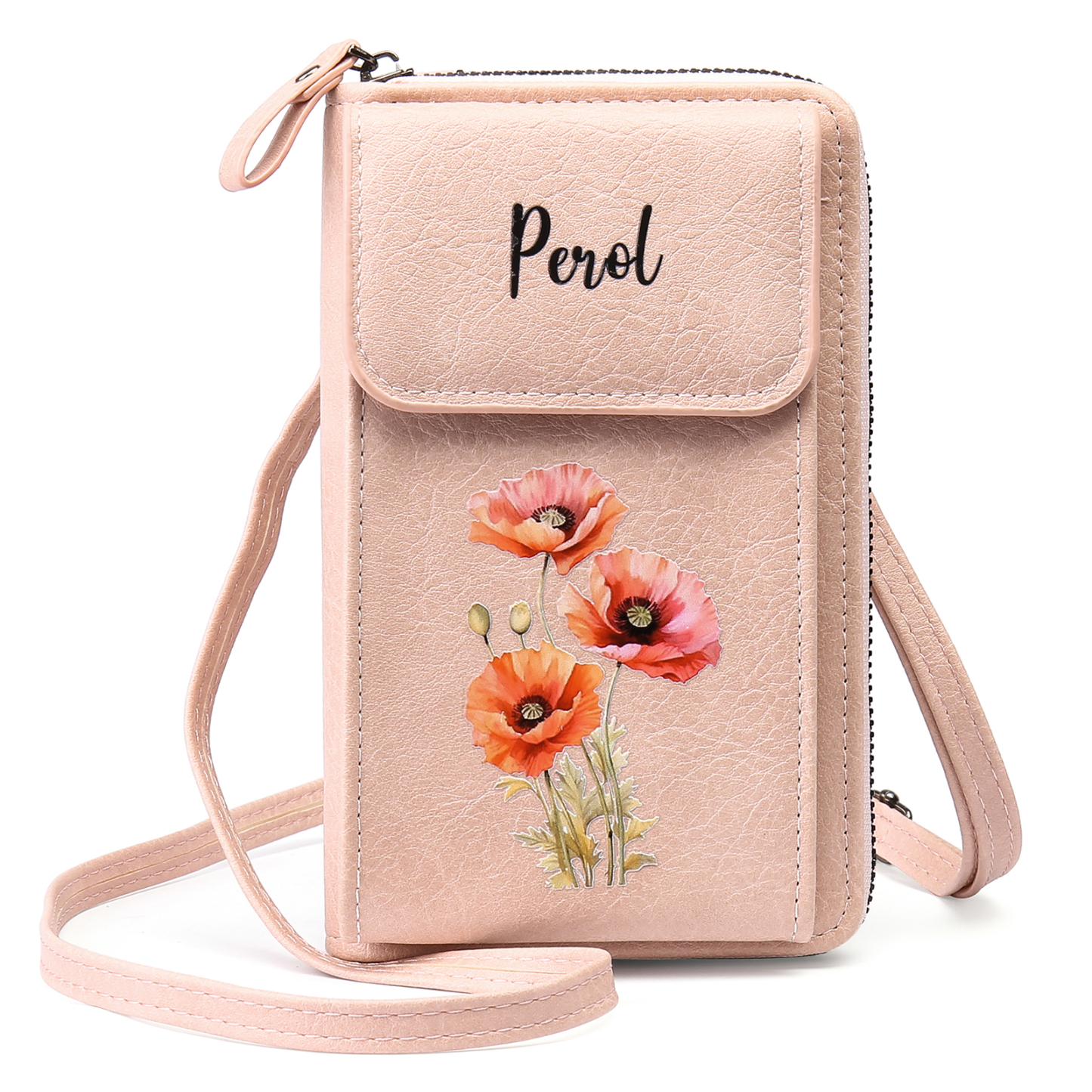 Personalized Women's Leather Wallet Custom Birthday Flower & Name Mobile Phone Wallet Zipper Crossbody Bag