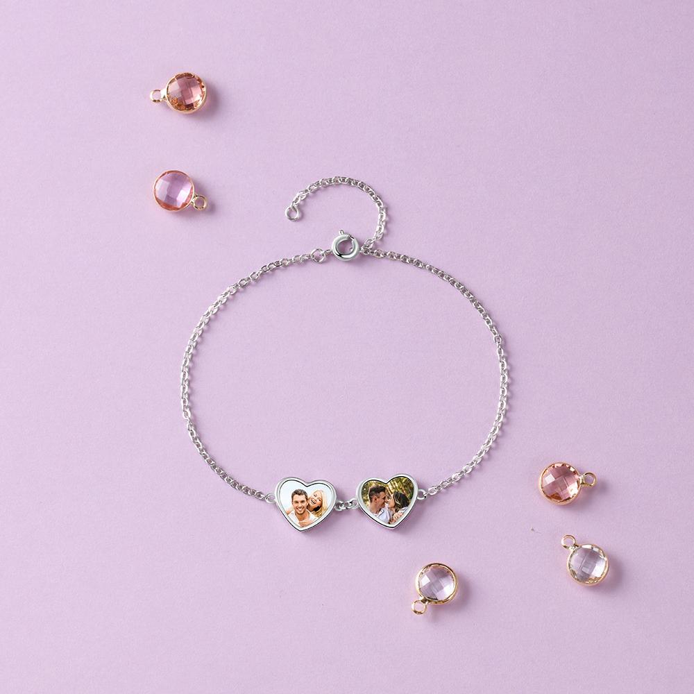 Personalized Photo Bracelet With Two Heart Pendant Engraved 2 Names