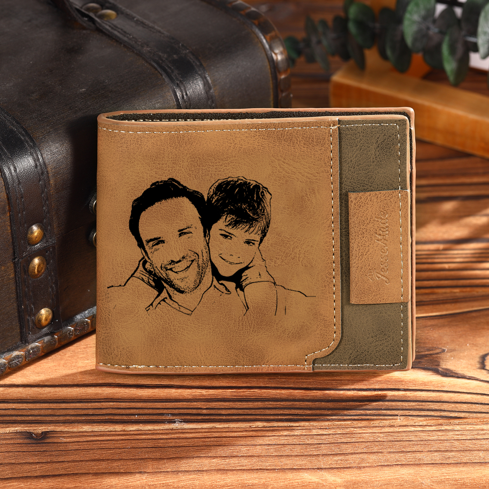 2 Names - Custom Photo & Text & Name Wallet Personalized Men's Leather Folding Wallet Gifts for Dad