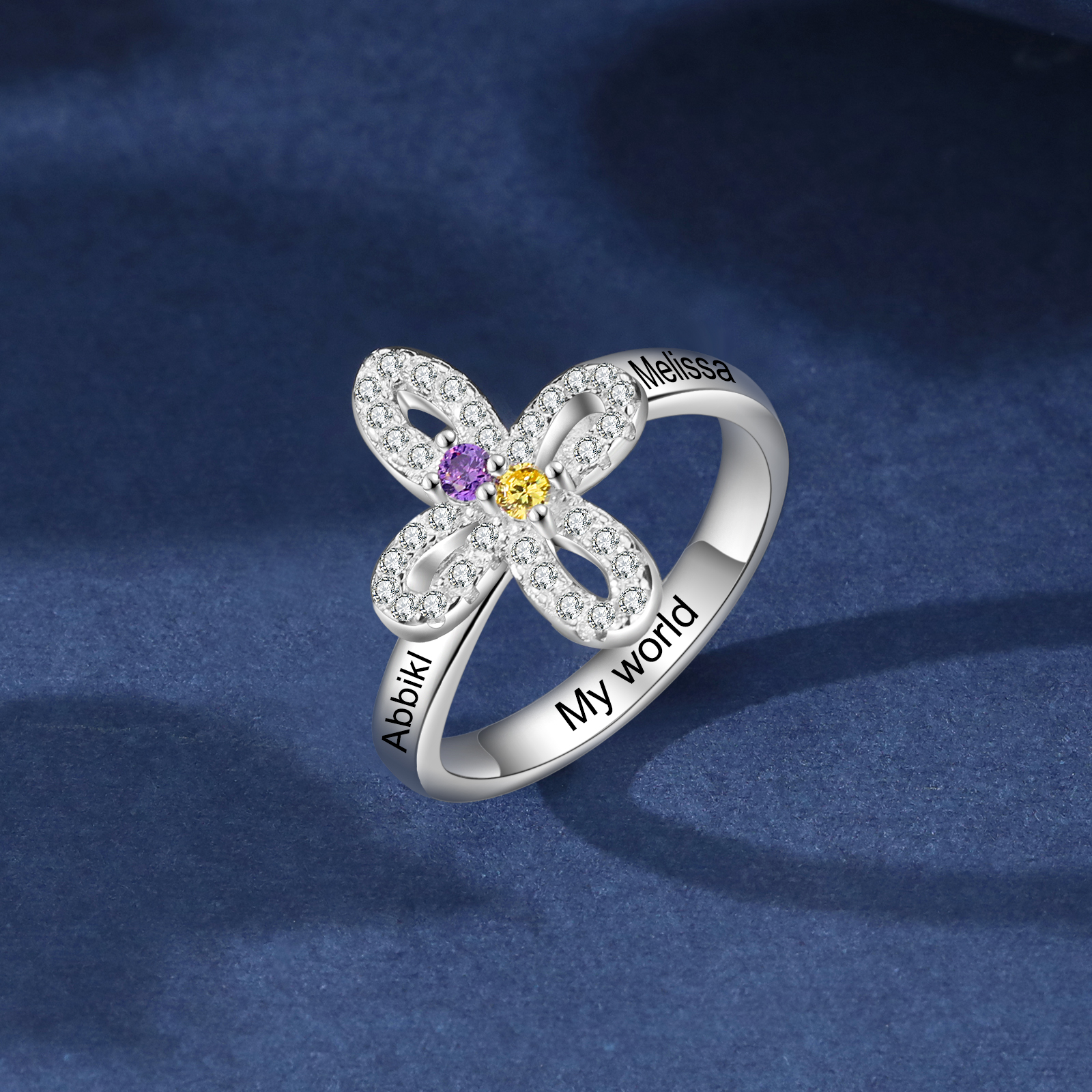 Custom Four-Leaf Ring Custom Name and Birthstone Ring