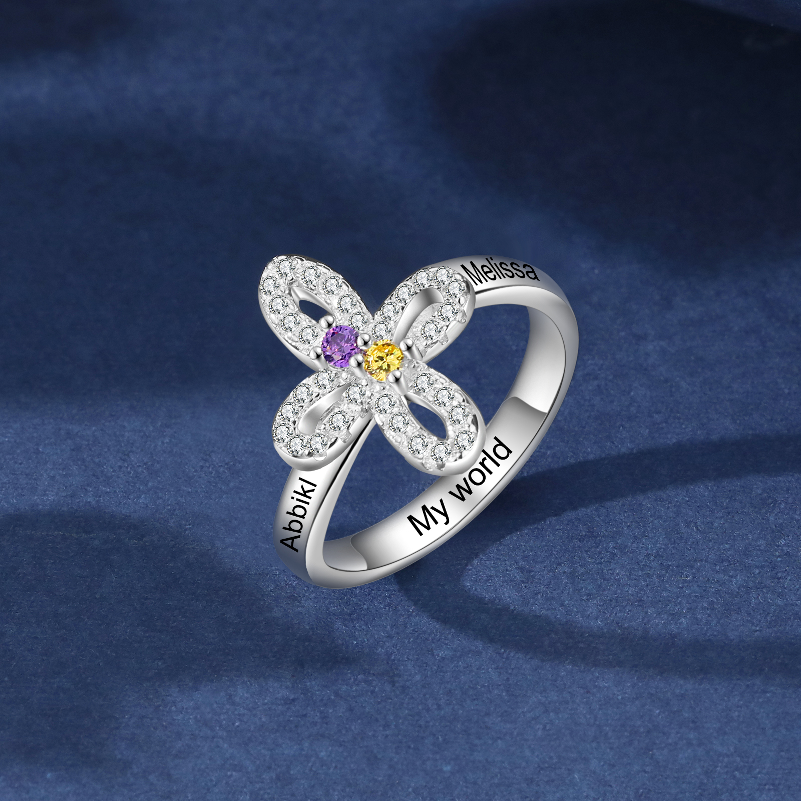 Custom Four-Leaf Ring Custom Name and Birthstone Ring
