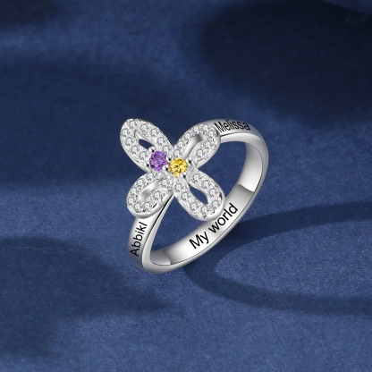 Custom Four-Leaf Ring Custom Name and Birthstone Ring
