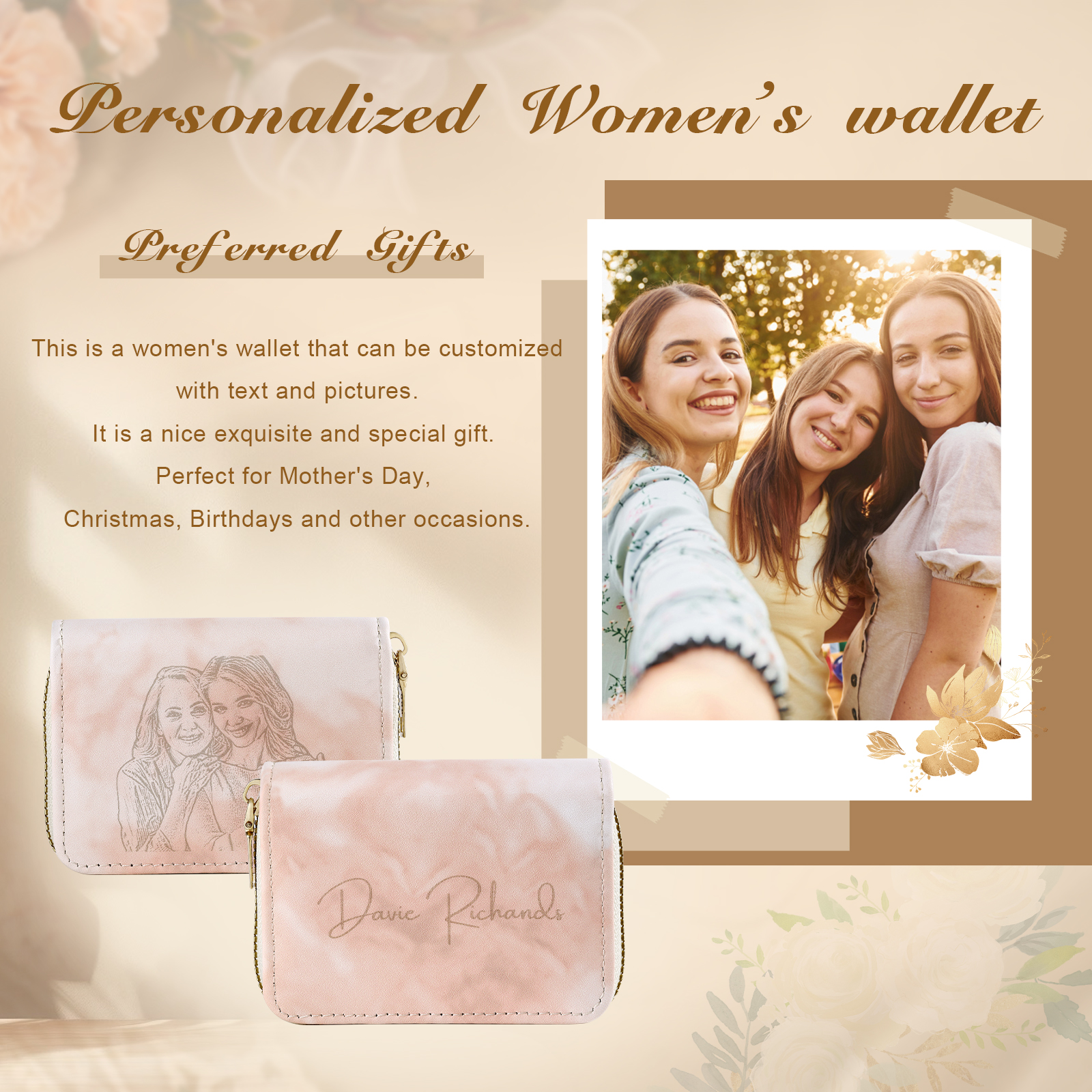 Personalized Women's Leather Wallet Custom Photo & Text Zipper Wallet Accordion Wallet Gift for Her