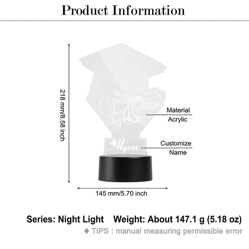 2023 Bachelor Cap Night Light Custom Name Lamp Graduation Gift