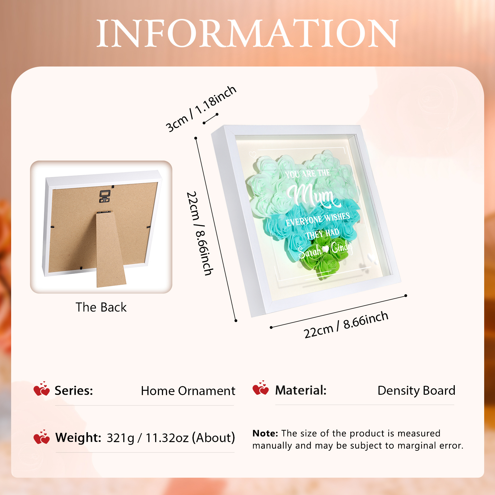 Personalized 1 Nickname & 2 Names Heart-Shaped Rose Shadow Box Frame – Custom Gift for Mom, Grandma & Loved Ones| Jessemade