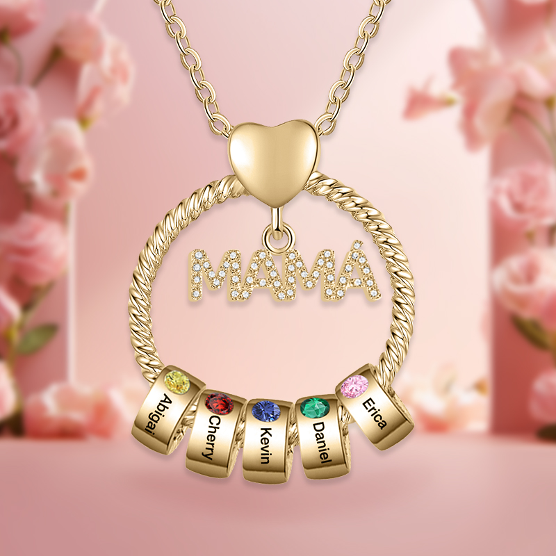 Collar con colgante de "MAMÁ" con 5 nombres Y 5 piedras de nacimiento personalizados | Jessemade