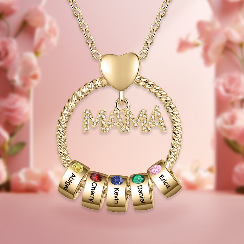 Collar con colgante de "MAMÁ" con 5 nombres Y 5 piedras de nacimiento personalizados | Jessemade