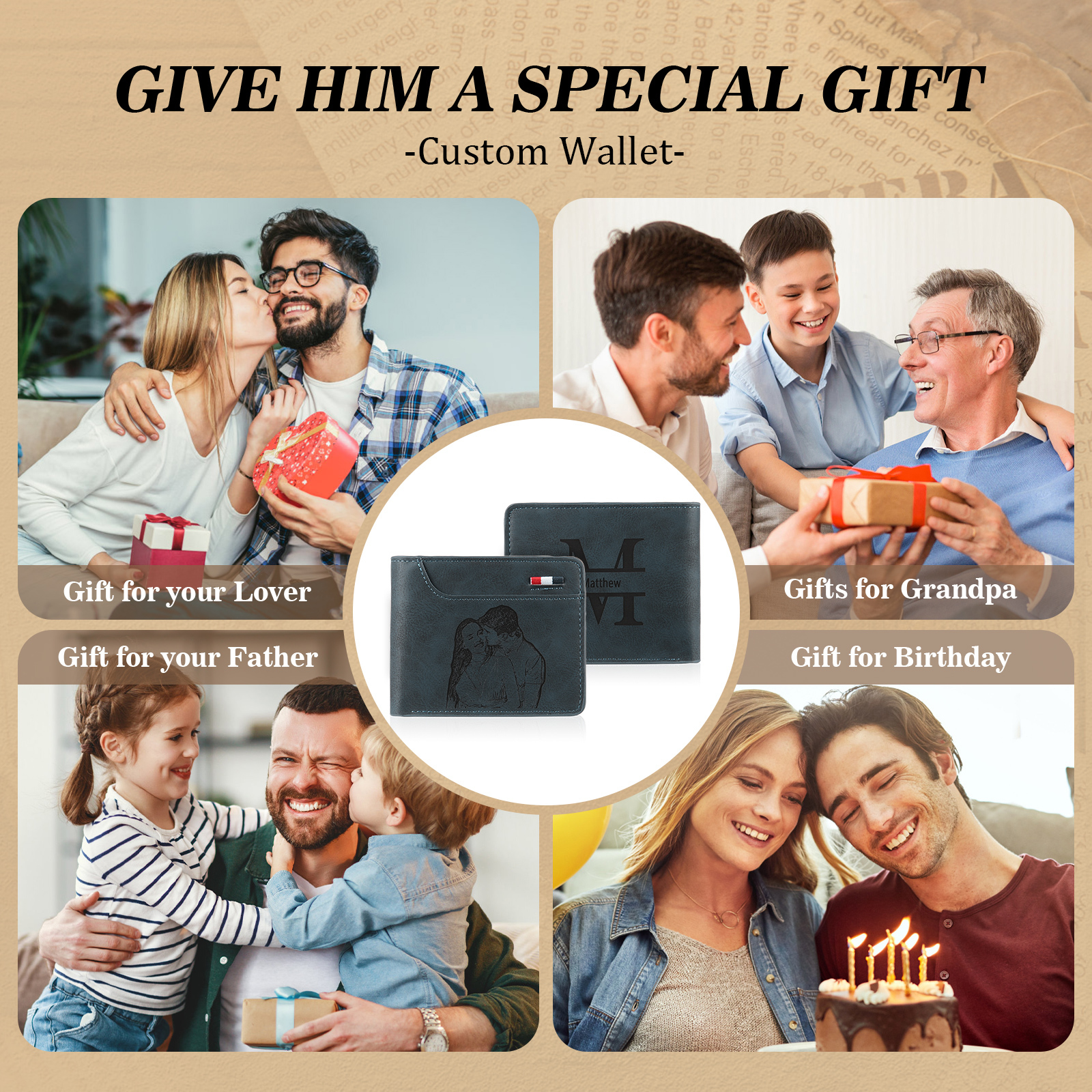 Personalized Monogram Wallet Custom Photo & Name & Letter Men's Leather Wallet Father's Day Gifts for Him