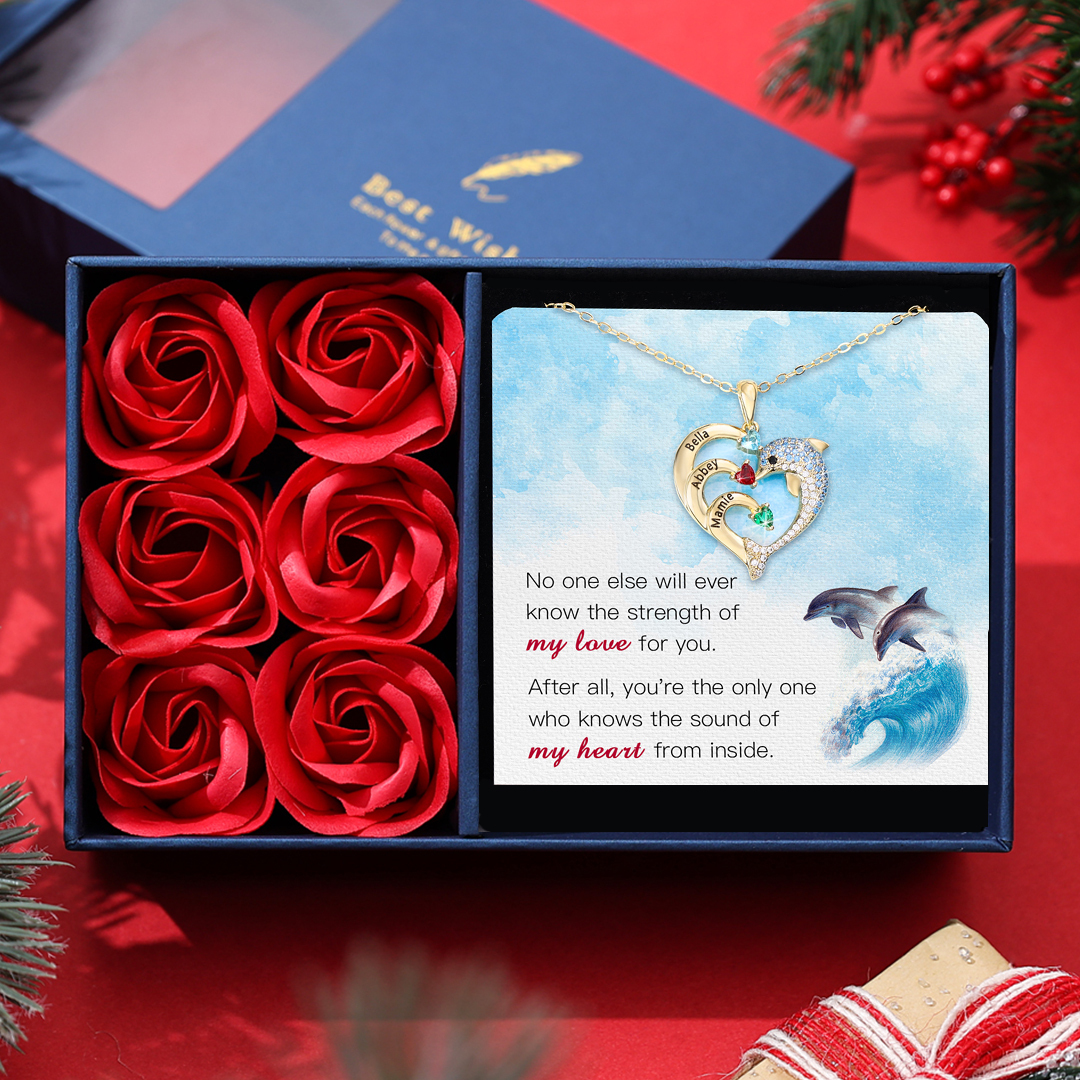 Personalized Heart Dolphin Necklace Custom 2 Birthstones Necklace for Her
