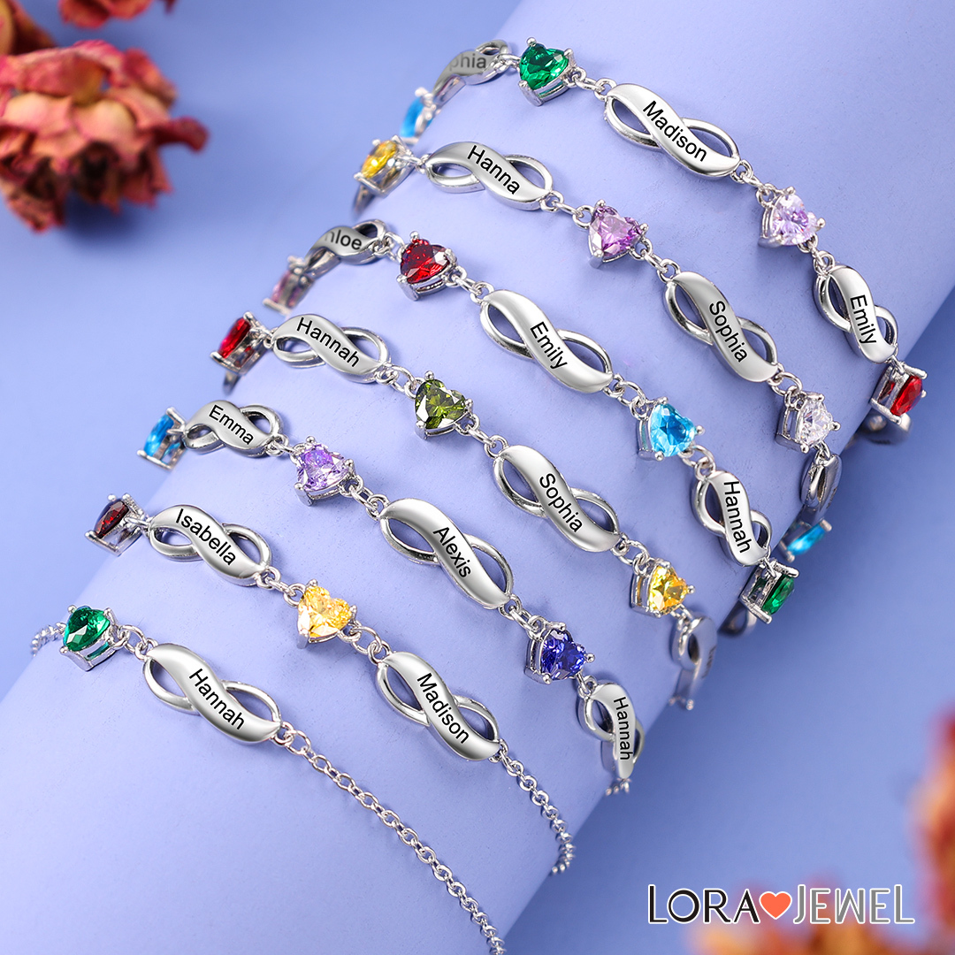 Infinity Bracelet with 5 Heart Shape Birthstones Family Bracelet for Mom