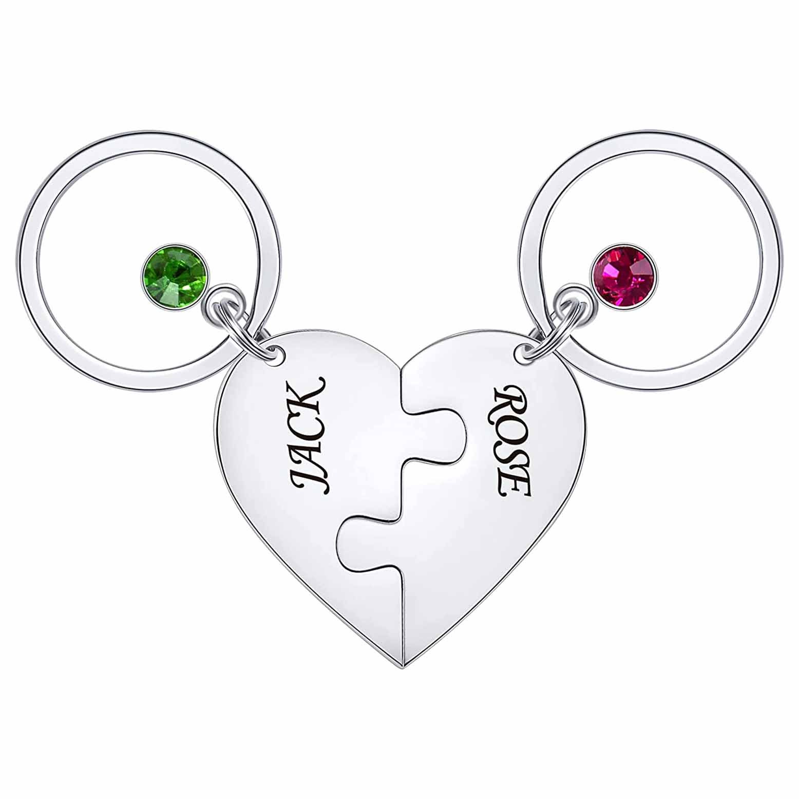 Personalized 2 Names Heart Puzzle Keychain with Birthstones Gifts for Family