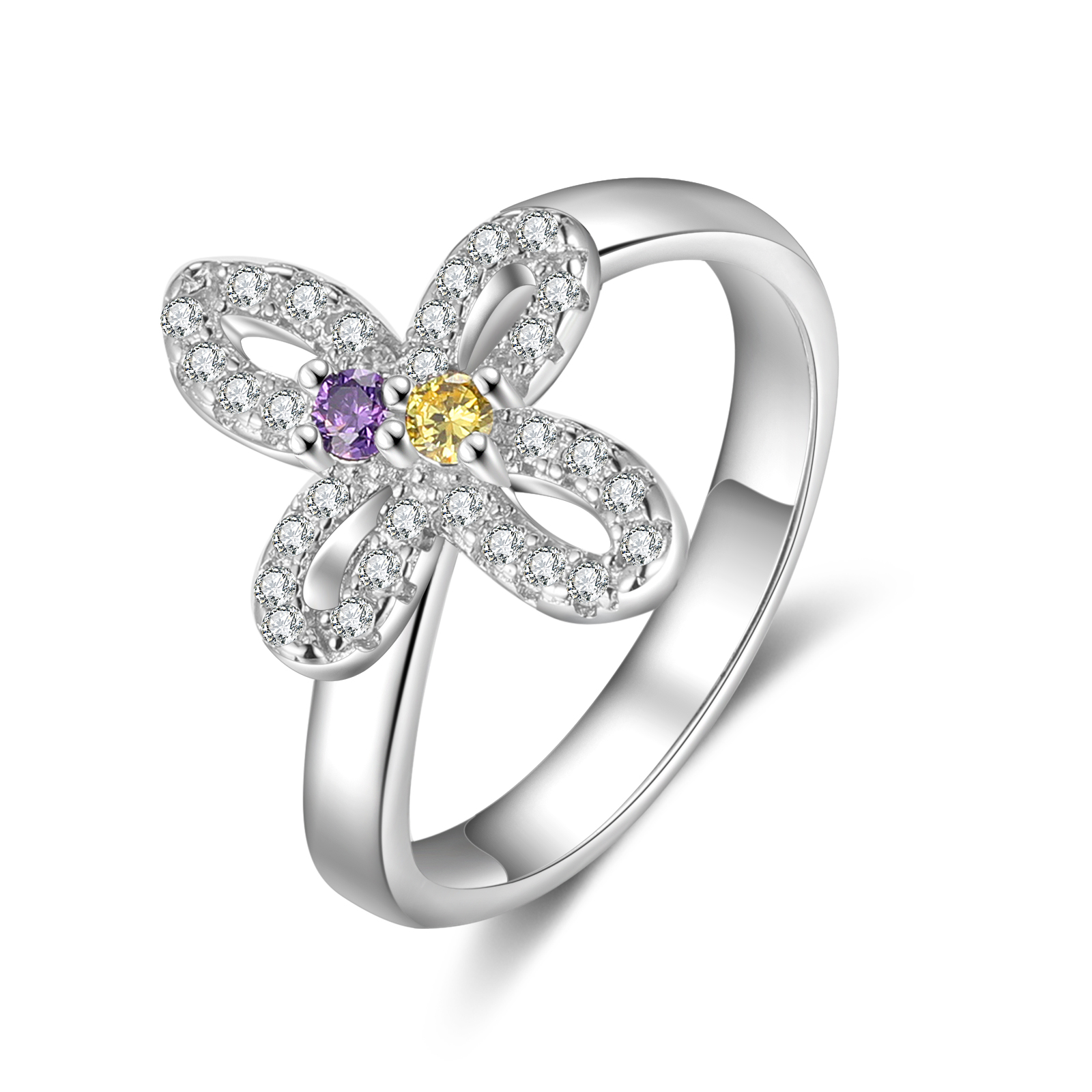 Custom Four-Leaf Ring Custom Name and Birthstone Ring