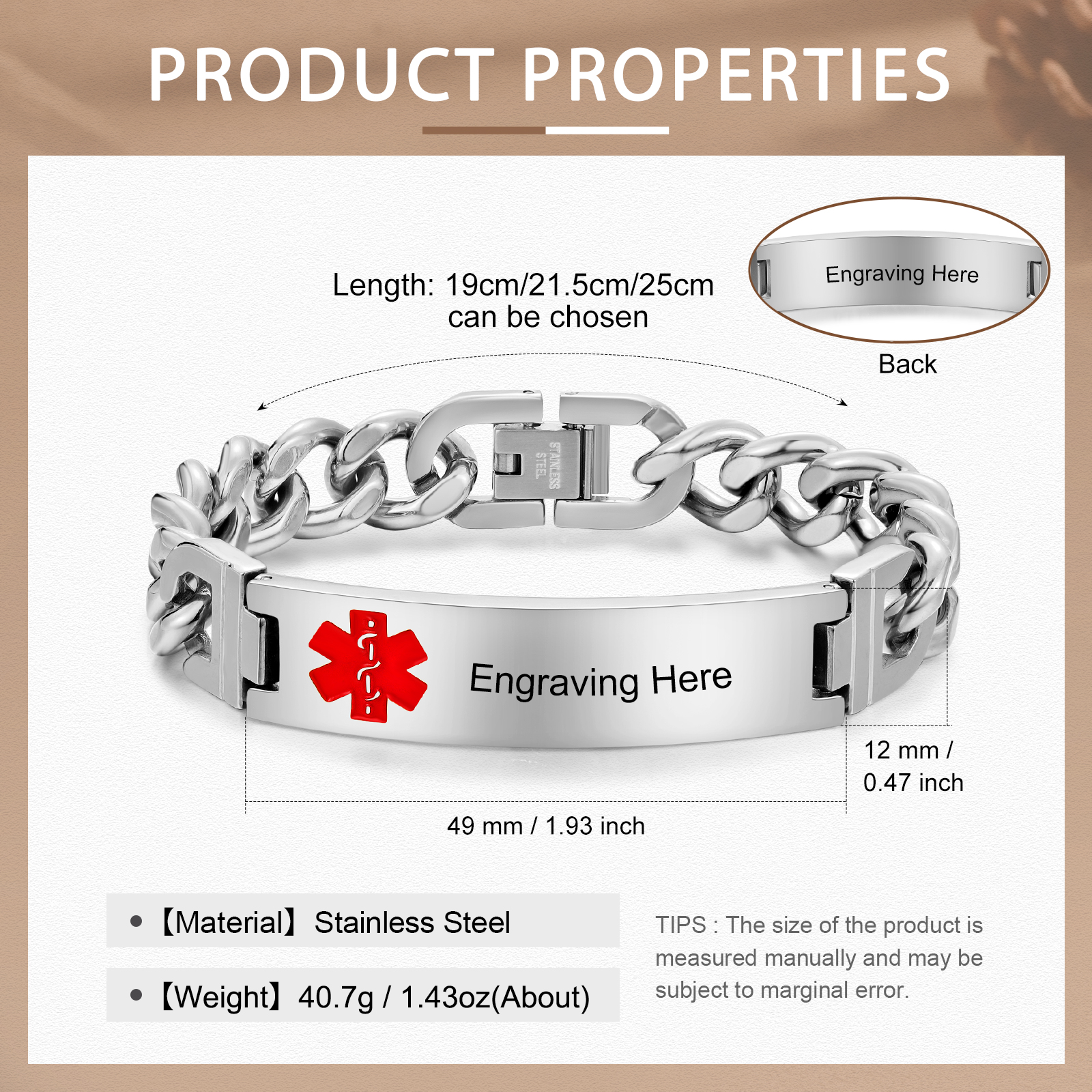 Personalized Medical Alert Bracelet ID Wristbands Stainless Steel Emergency Silver Bracelet