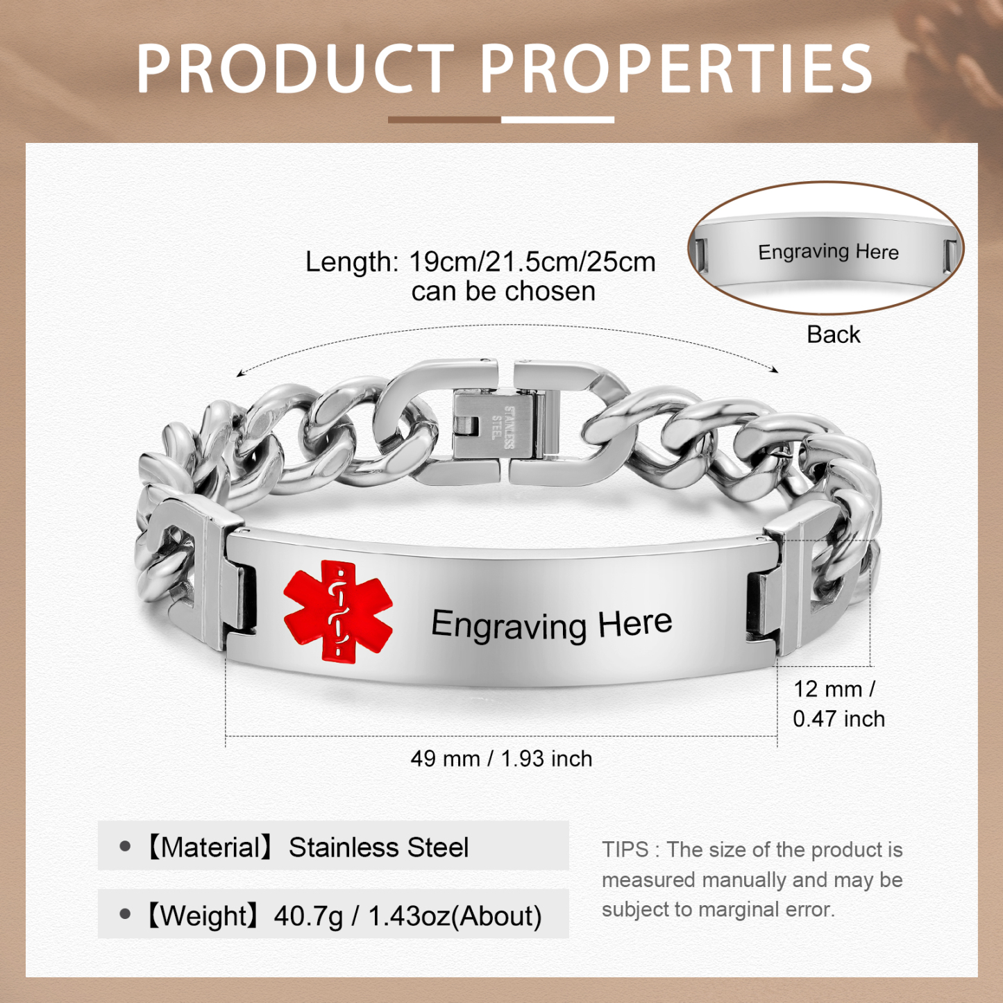 Personalized Medical Alert Bracelet ID Wristbands Stainless Steel Emergency Silver Bracelet