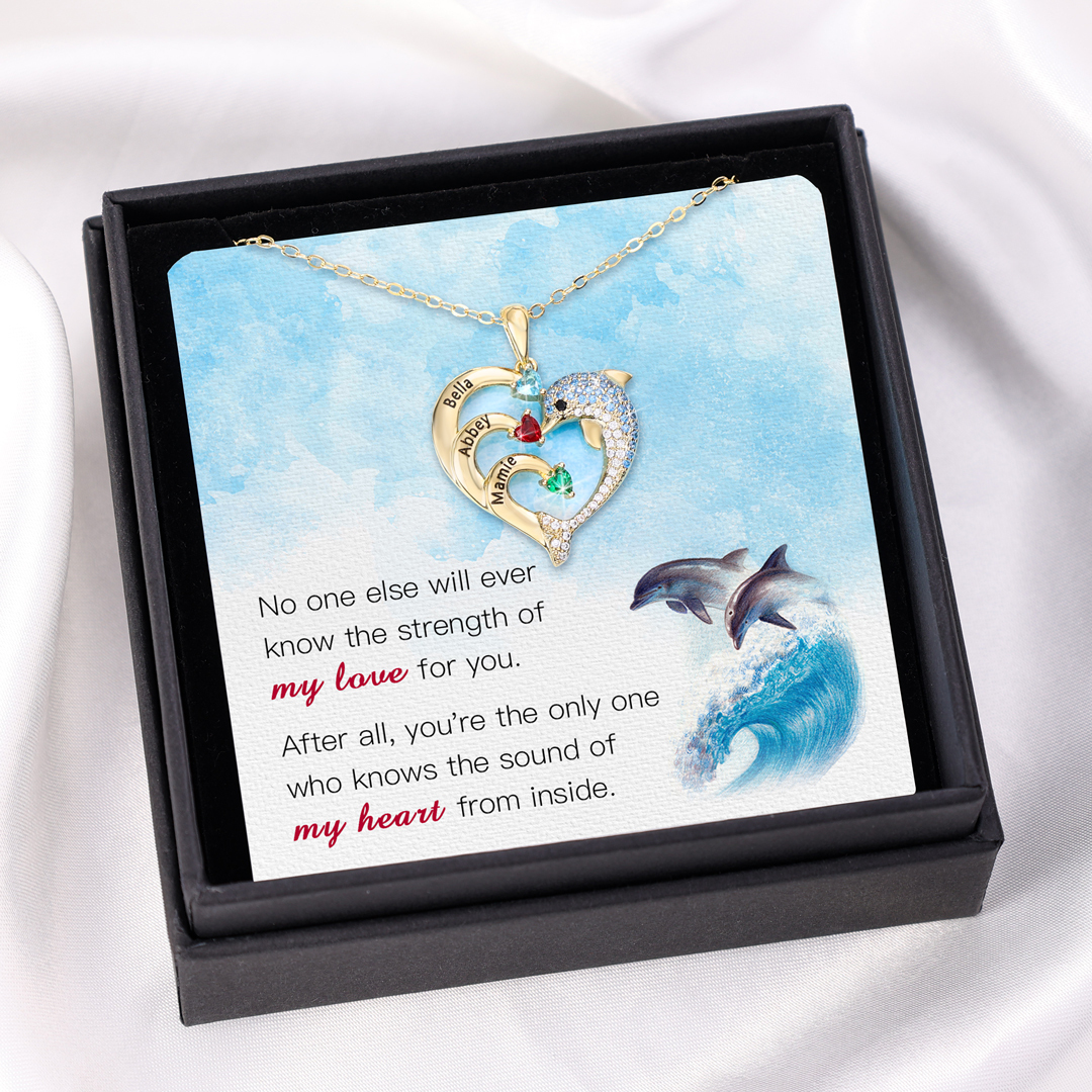 Personalized Heart Dolphin Necklace Custom 2 Birthstones Necklace for Her
