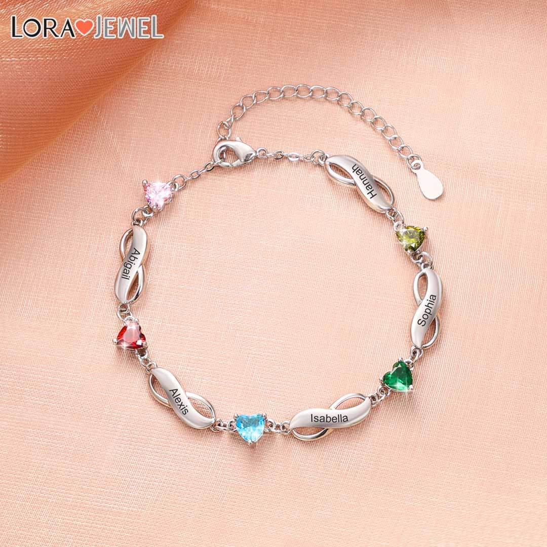 Infinity Bracelet with 5 Heart Shape Birthstones Family Bracelet for Mom