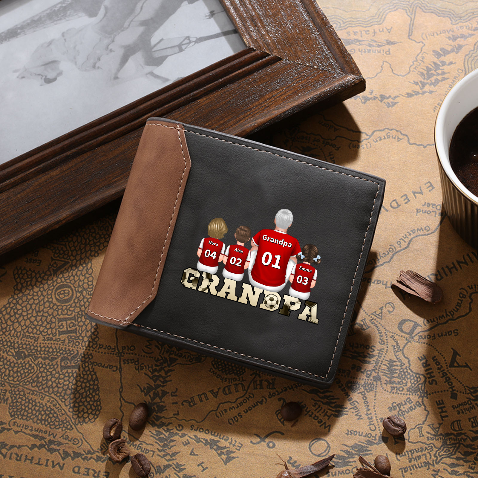 Personalized Grandpa Wallet with Family Cartoon Design, Custom Leather Bifold, Unique Gift for Grandpa