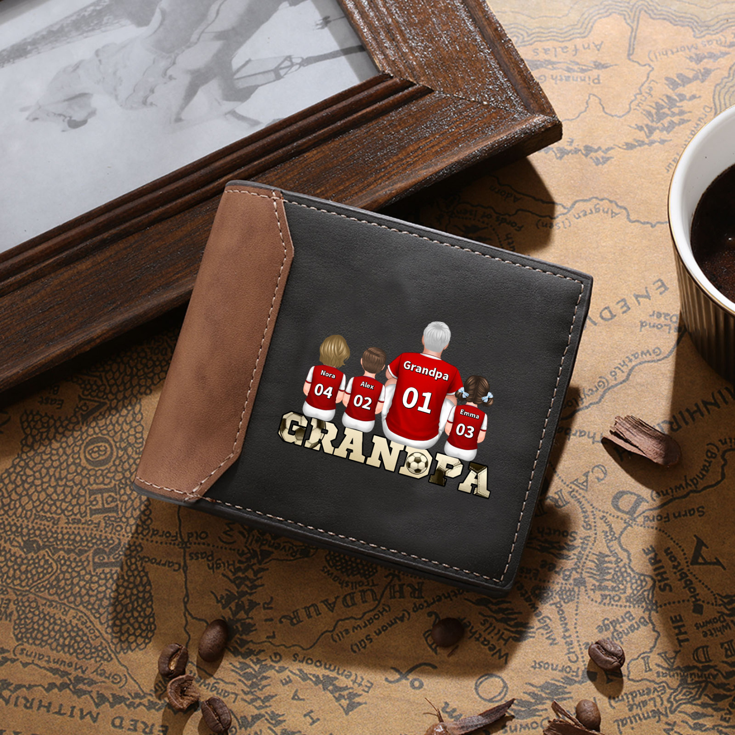 Personalized Grandpa Wallet with Family Cartoon Design, Custom Leather Bifold, Unique Gift for Grandpa