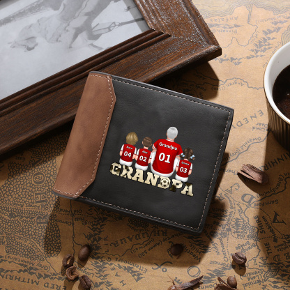 Personalized Grandpa Wallet with Family Cartoon Design, Custom Leather Bifold, Unique Gift for Grandpa