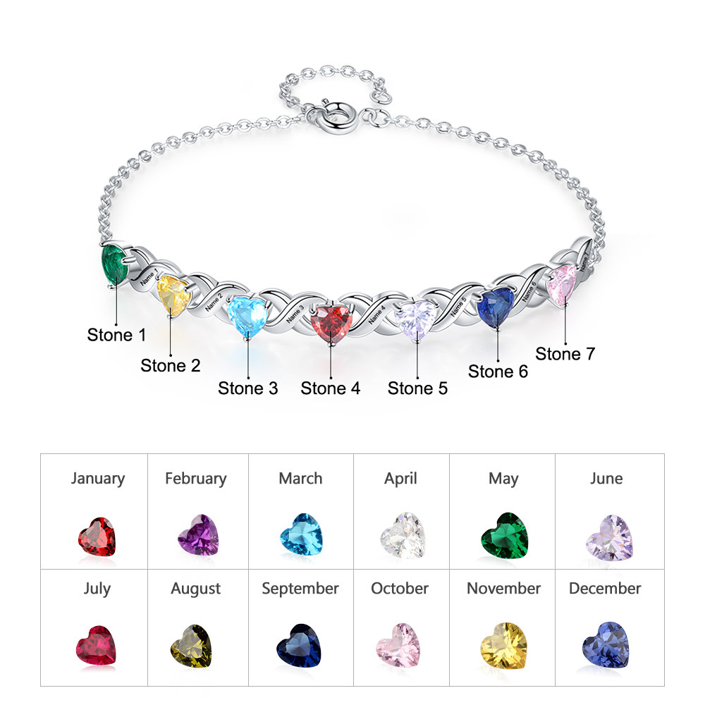 Family Custom Bracelet Heart Personalized with 7 Birthstones