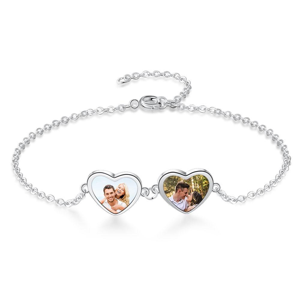 Personalized Photo Bracelet With Two Heart Pendant Engraved 2 Names