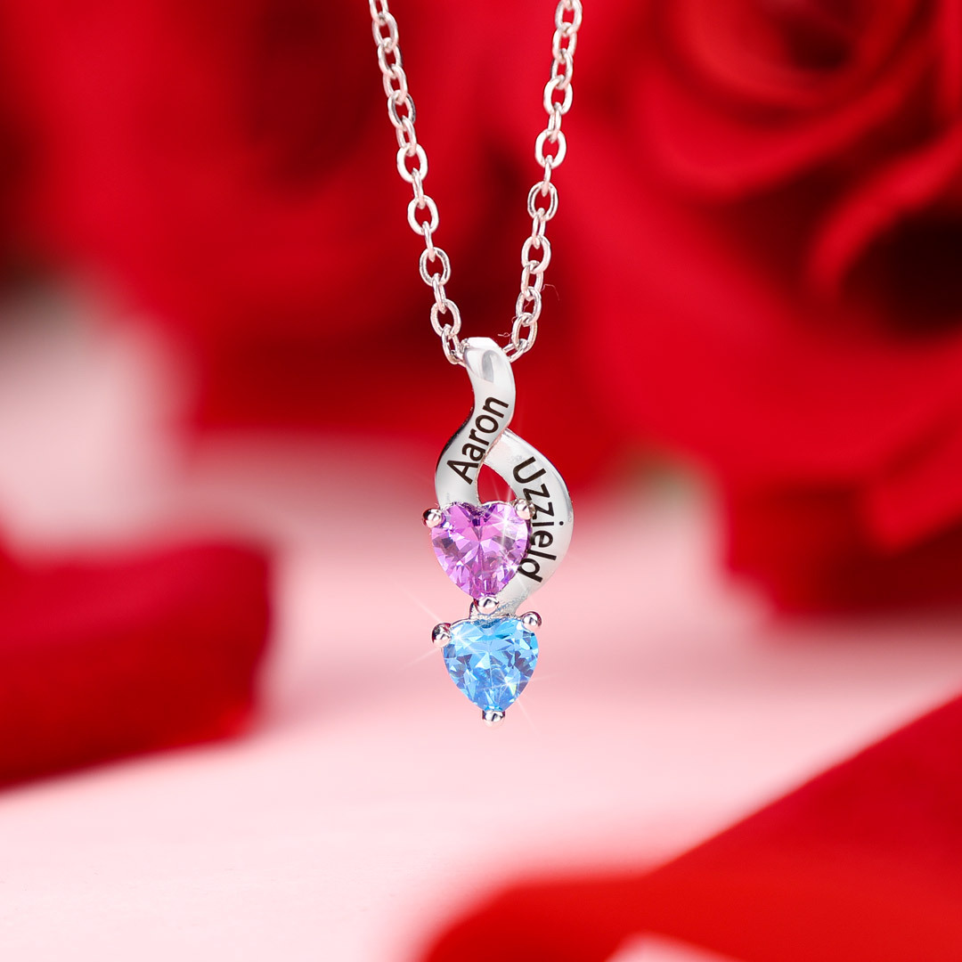 Custom Heart Birthstone Jewelry Set Necklace Bracelet for Family Personalized with 2 Names 2 Birthstones