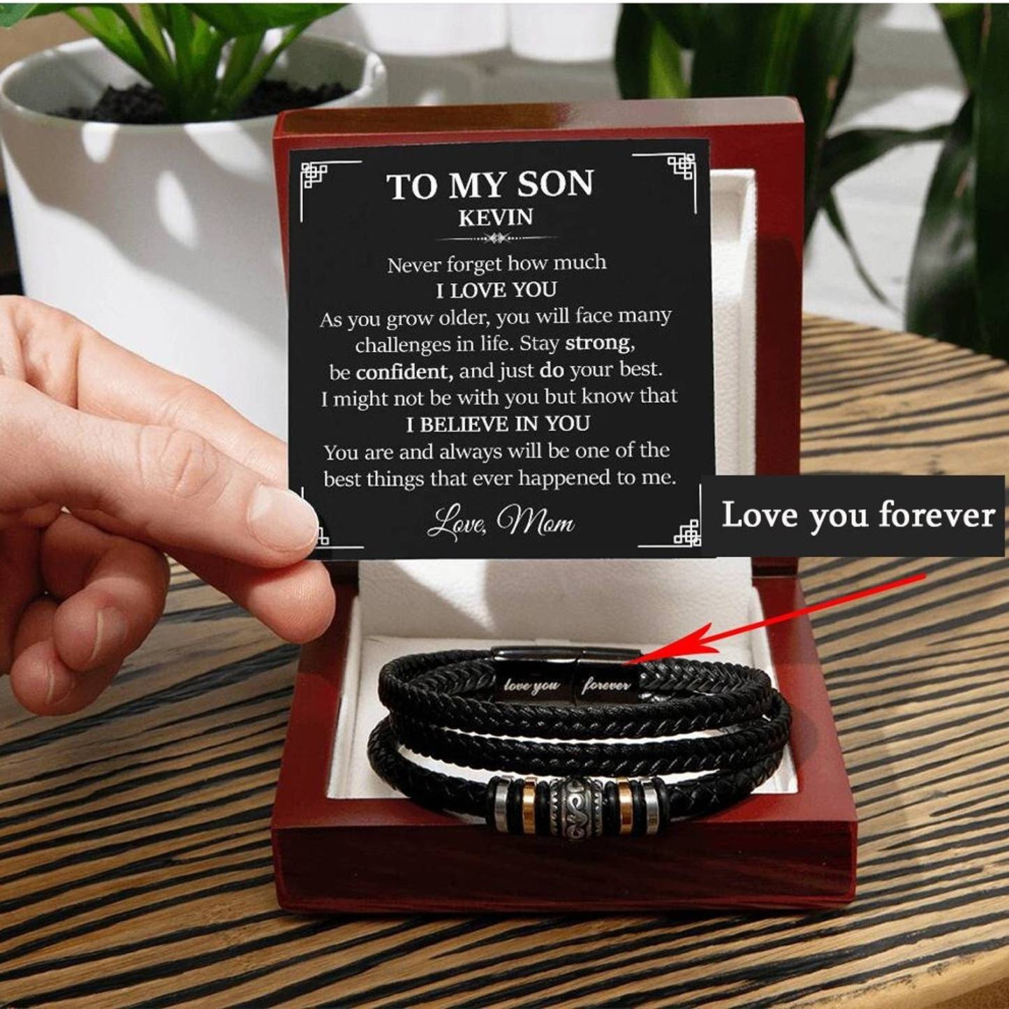 To My Son Bracelet Personalized Name Message Card Braided Leather Bracelet Mom to Son Gift - Never Forget How Much I Love You