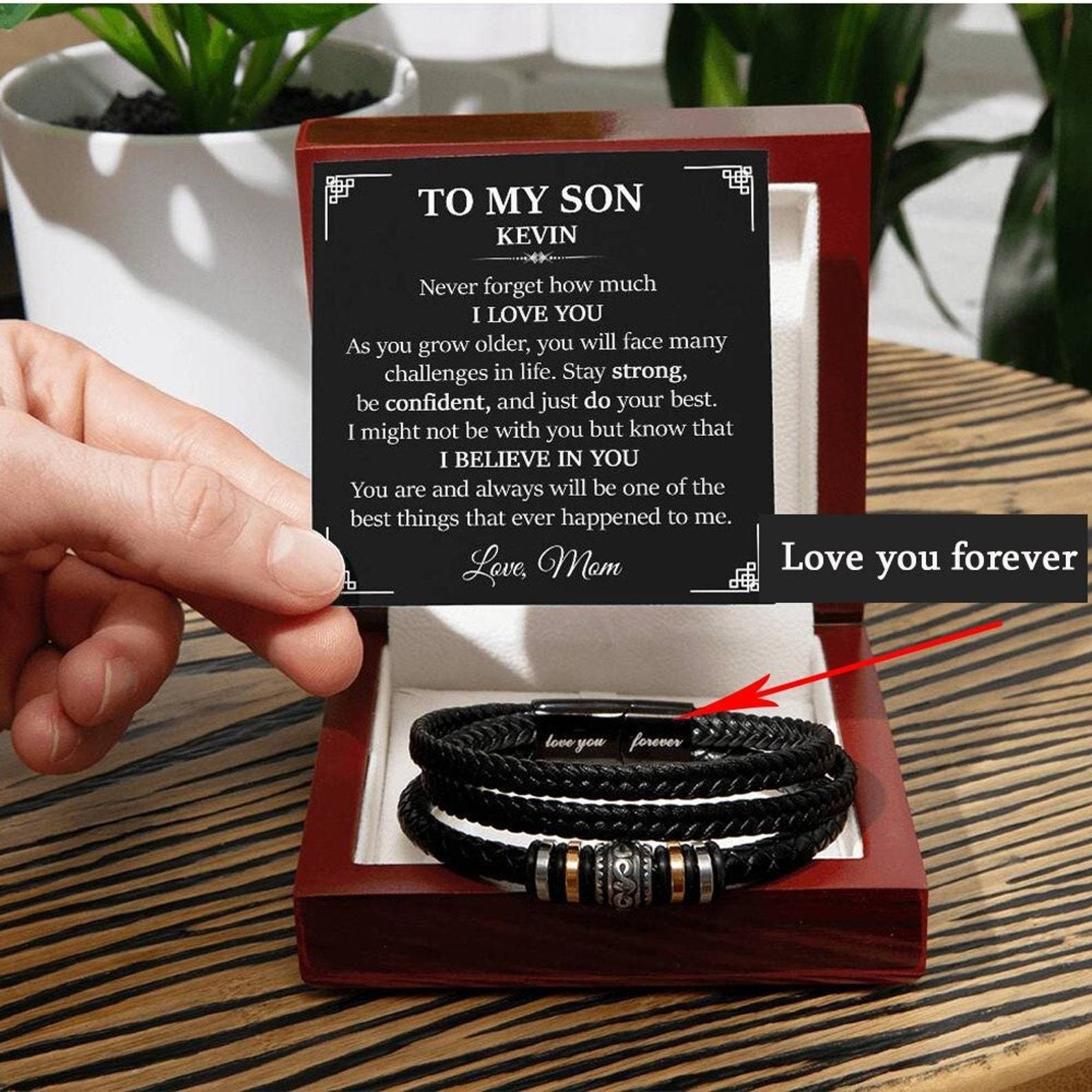 To My Son Bracelet Personalized Name Message Card Braided Leather Bracelet Mom to Son Gift - Never Forget How Much I Love You