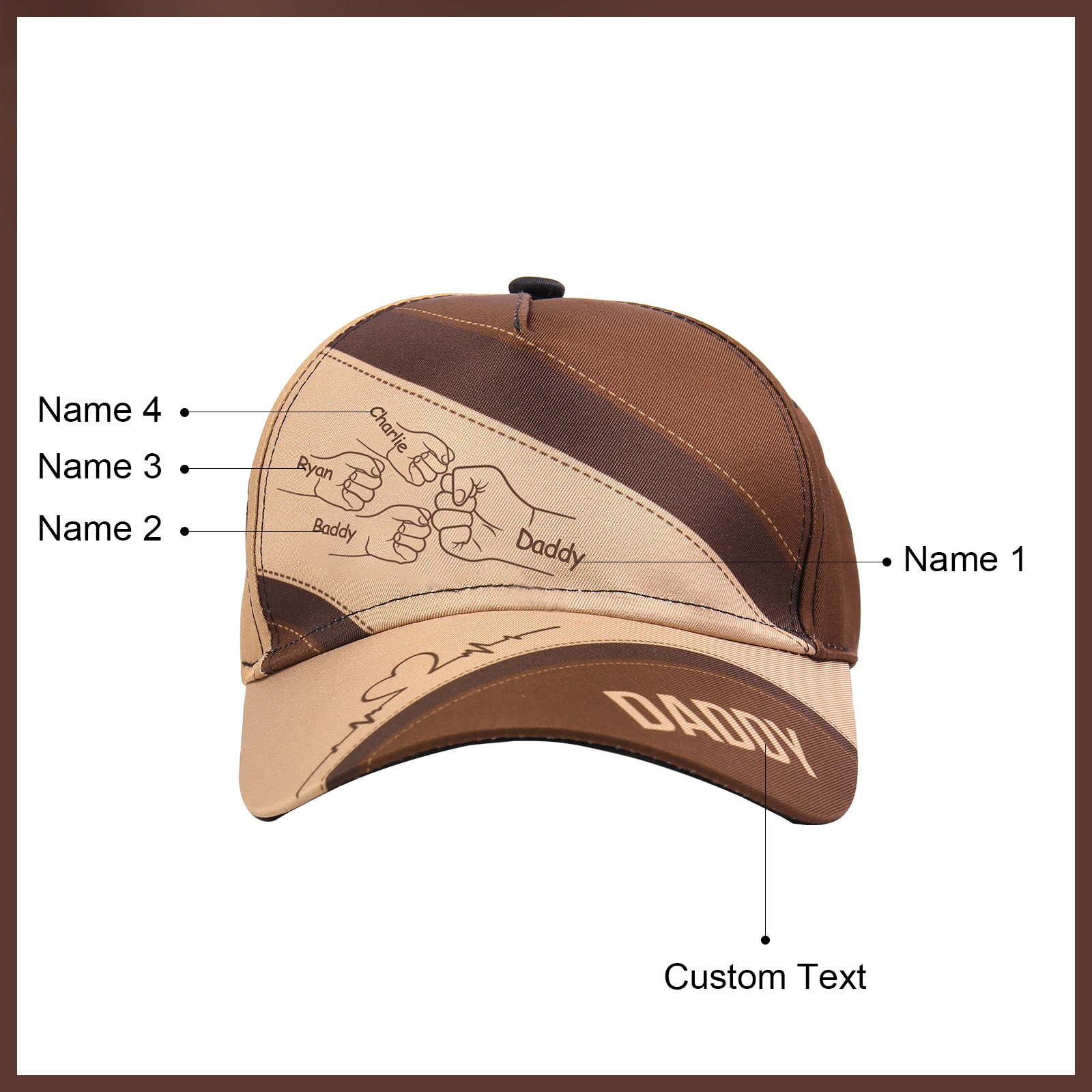 Personalized Fist Bump Classical Baseball Cap Custom 4 Names & 1 Text Snapback Adjustable Gift for Dad/Grandpa/Husband