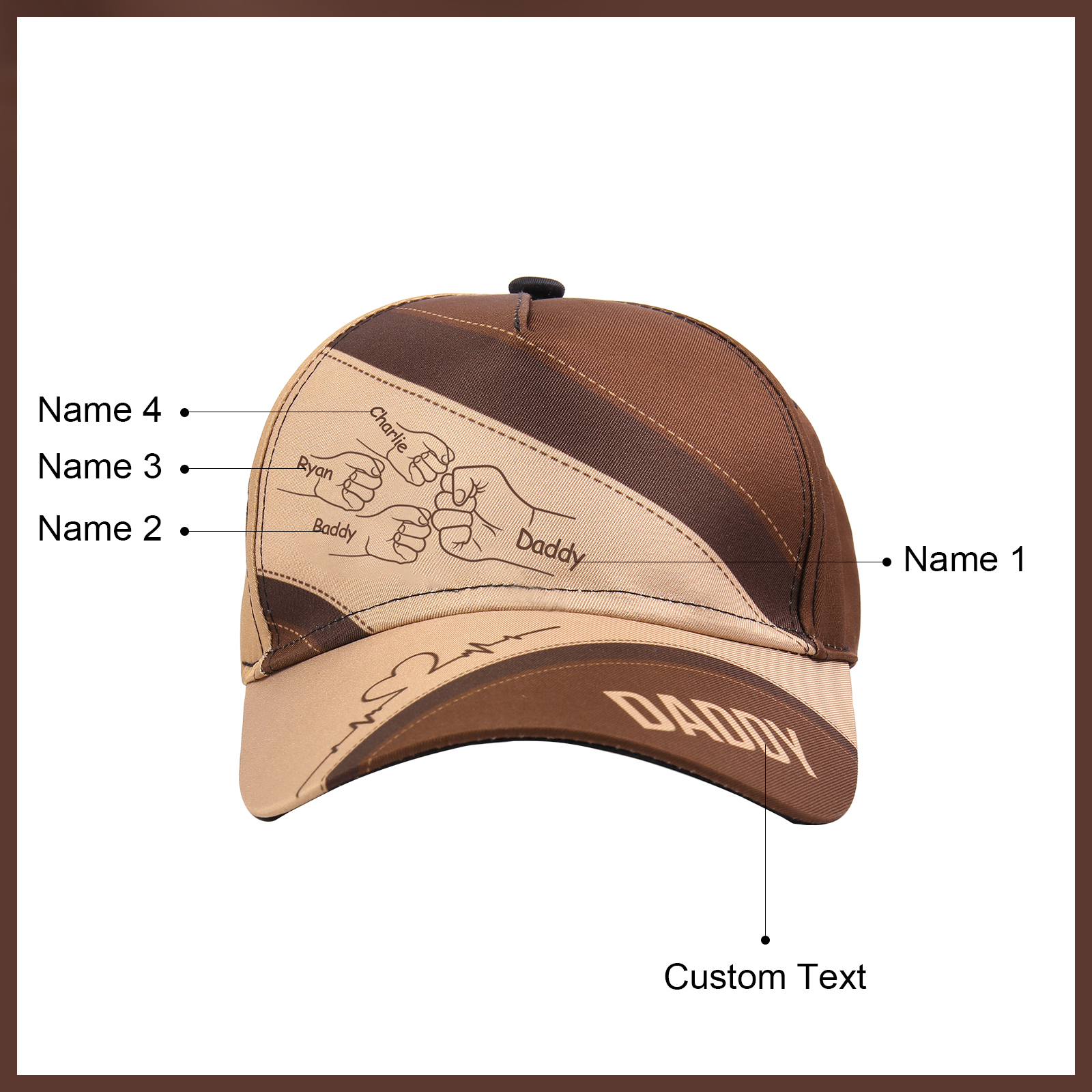 Personalized Fist Bump Classical Baseball Cap Custom 4 Names & 1 Text Snapback Adjustable Gift for Dad/Grandpa/Husband