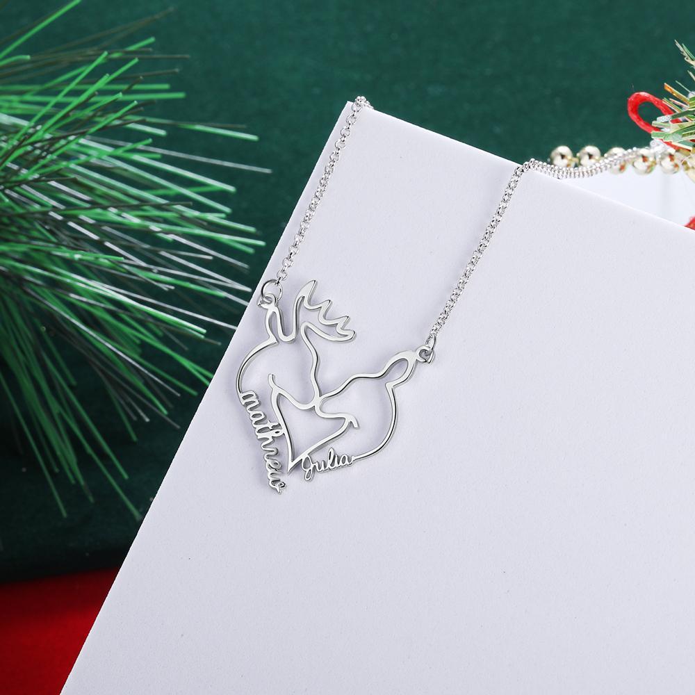 Heart Shape Christmas Deer Name Necklace Personalized 2 Names