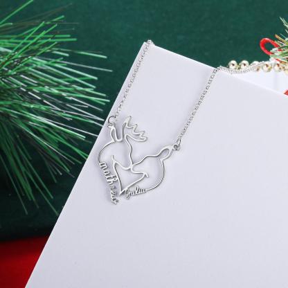 Heart Shape Christmas Deer Name Necklace Personalized 2 Names