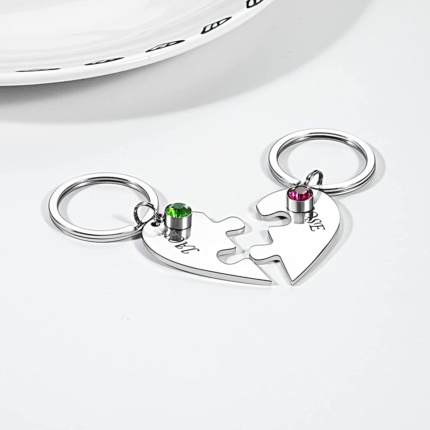 Personalized 2 Names Heart Puzzle Keychain with Birthstones Gifts for Family