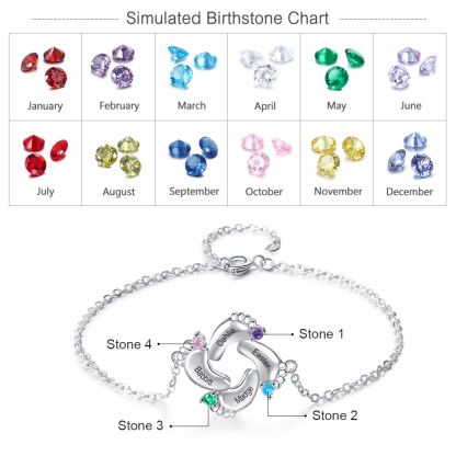 Baby Feet Pendant Bracelet with 4 Birthstones Engraved 4 Names