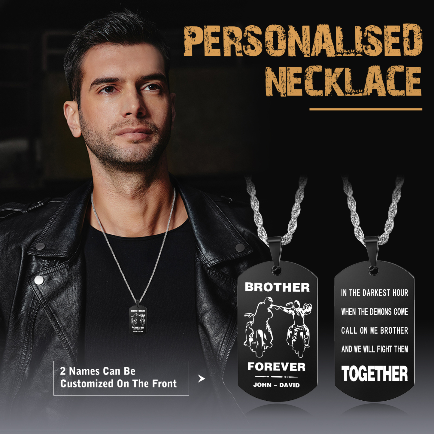 Brother Forever Dog Tag Necklace Personalized Black Double-sided Necklace Customized 2 Names Biker Necklace Gift to Brother