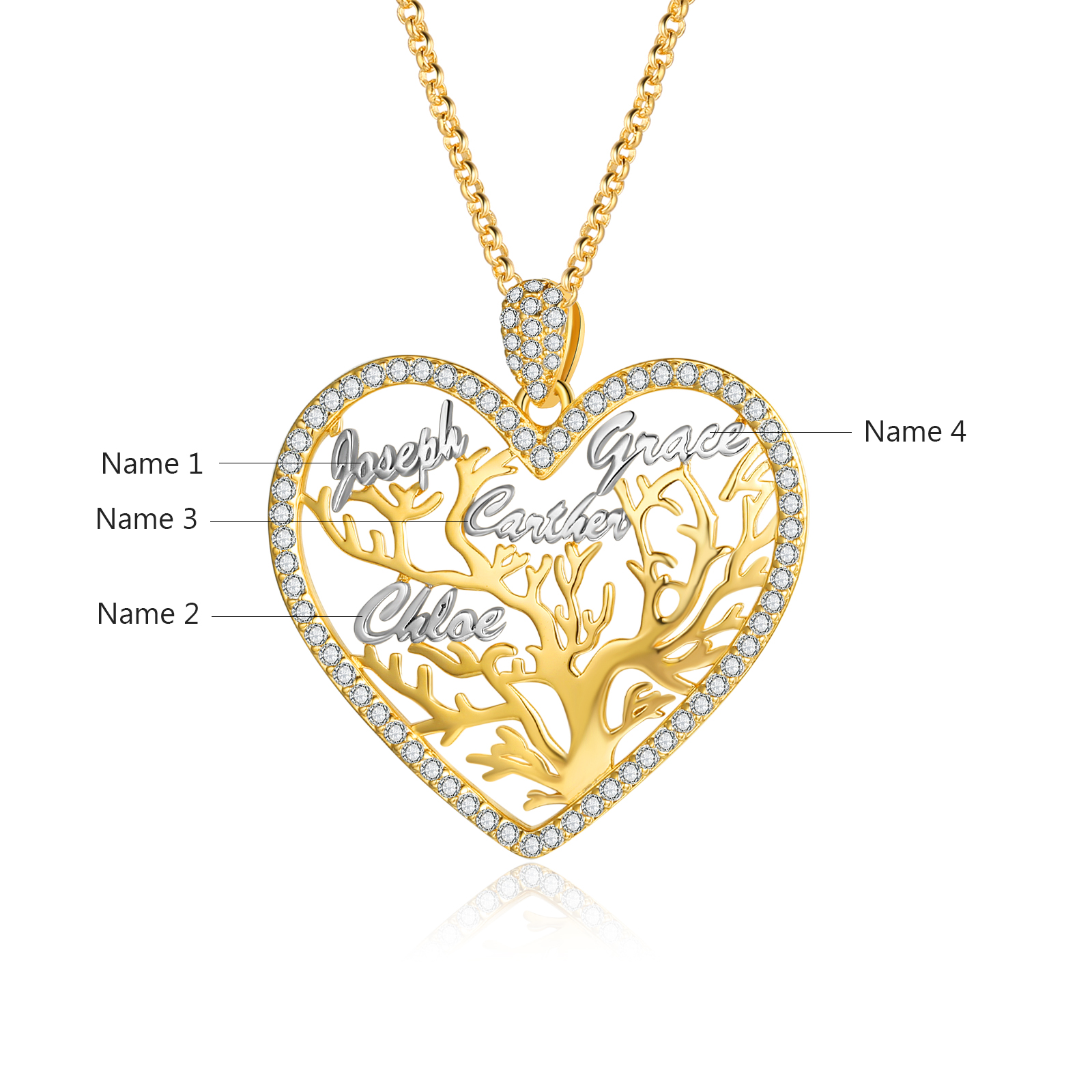 Perosnalized Family Tree Necklace, Custom 4 Names Heart Necklace Woman Gift For Her