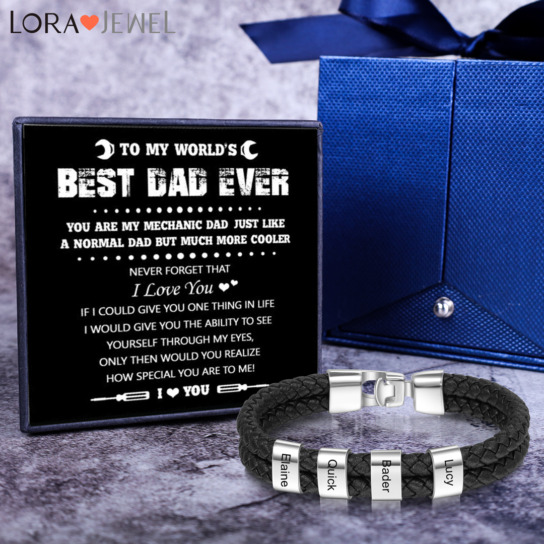 Men Leather Braided Bracelet with Beads Engraved 4 Names Father Gifts