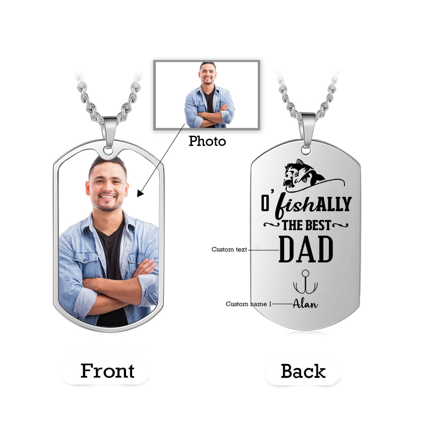O'Fishally The Best Dad Necklace Custom Photo Dog Tag Necklace with 1 Fishing Hook