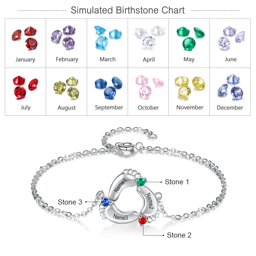 Baby Feet Pendant Bracelet with 3 Birthstones Engraved 3 Names
