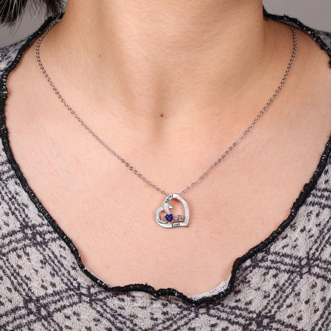 S925 LOVE Heart Necklace For Women Personalized Necklace with Heart Birthstone Engraved Names