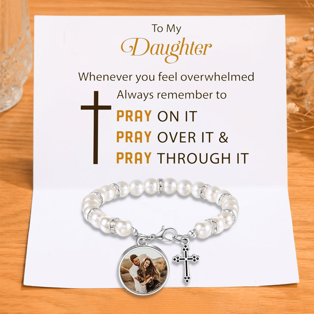 To My Daughter Personalized Rosary Memorial Bracelet Custom with Photo and Cross Pendant